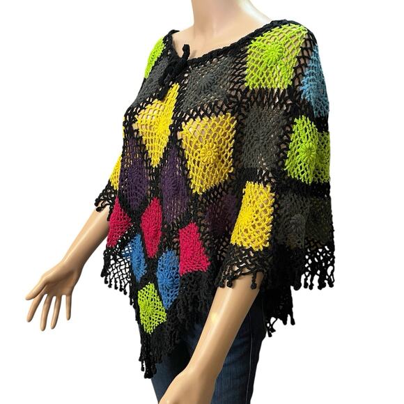 Handmade Granny Square Poncho Small Colorful Pullover Crochet Retro Boho Hippie - Picture 2 of 5